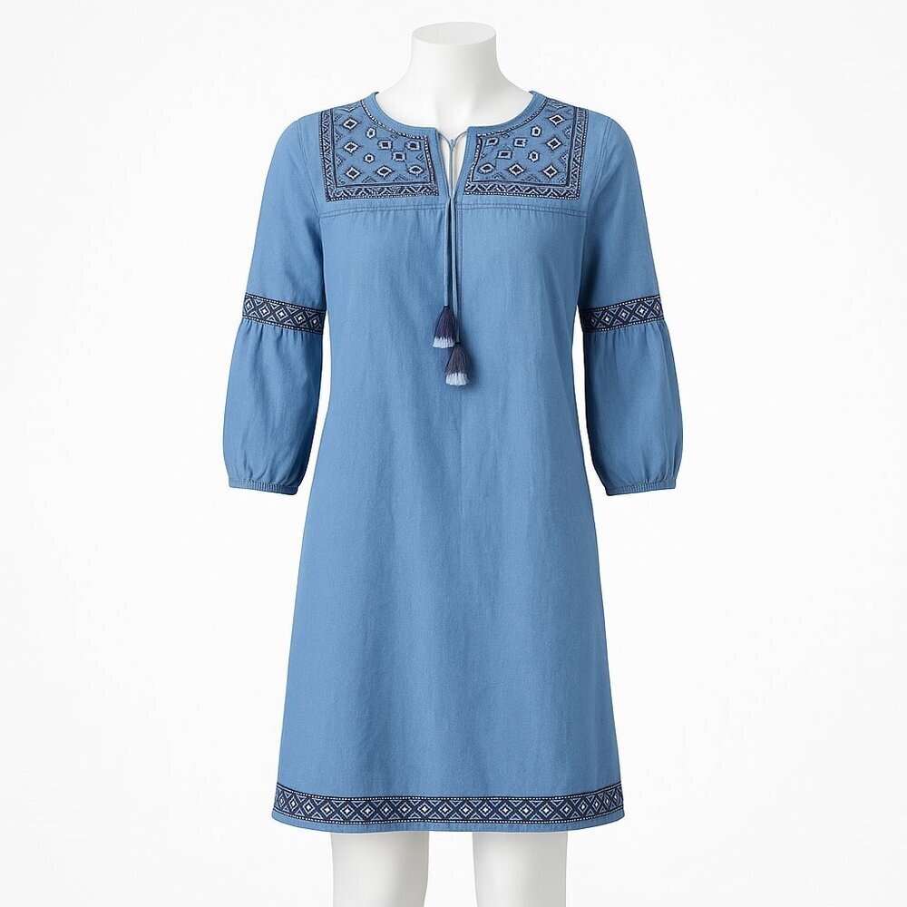 J.Jill Denim Embroidered Chambray Tassel Peasant Boho Chic Cottagecore Dress XSP